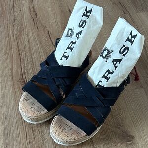 Trask Navy Espadrille Cork Sandals (never worn comes with shoe dust bags)